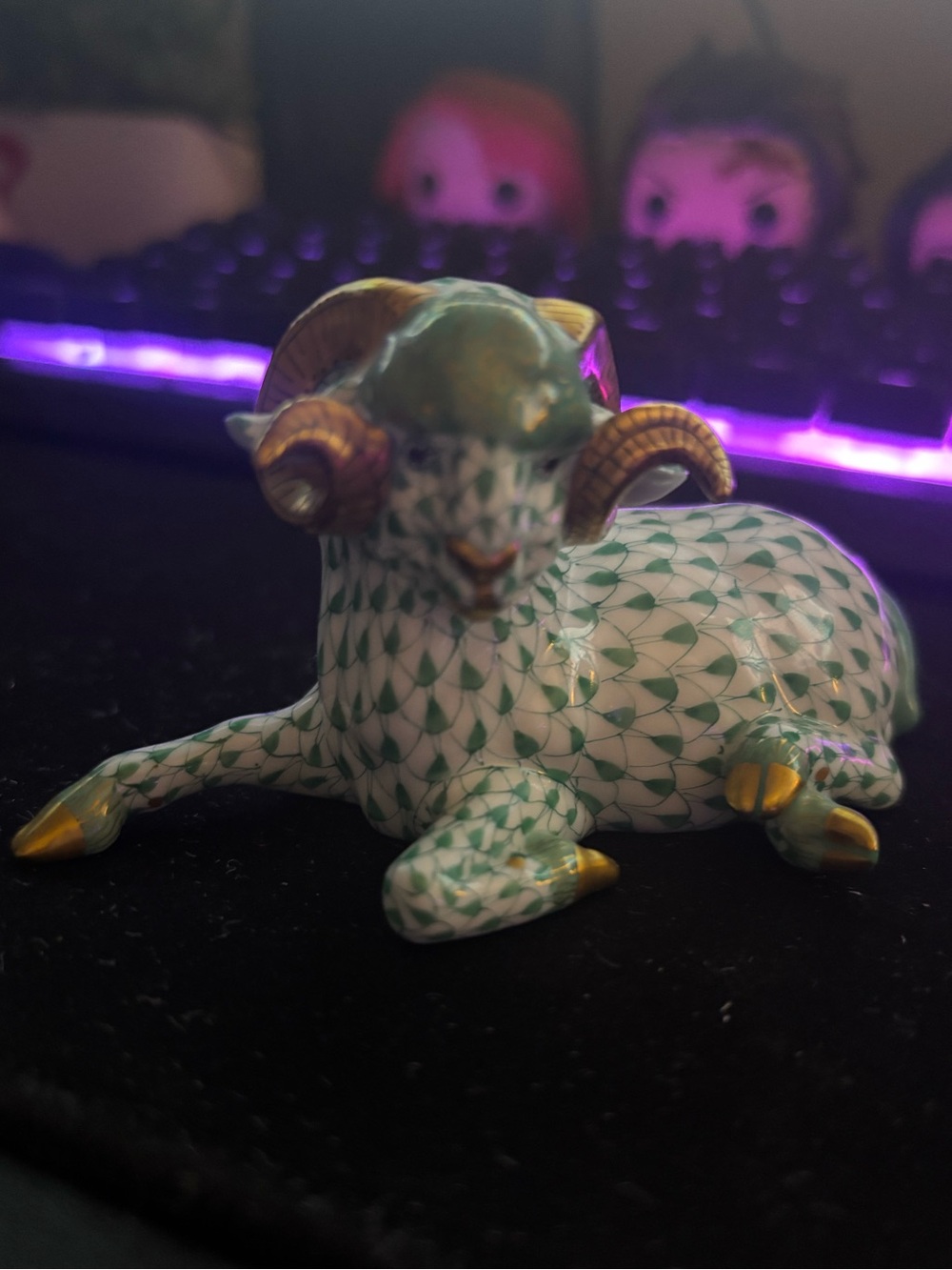 Vintage hand painted Herend Ceramic Ram Figurine - Green & Gold fishnet design